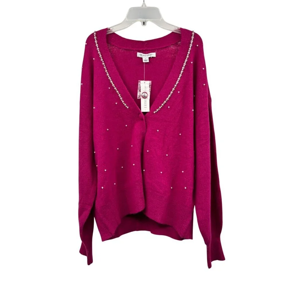 99 Jane Street Womens Knit Cardigan Pearls Button Up Fuchsia Size Small New